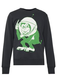 Czarna bluza z kapturem z zielonym nadrukiem kreskówkowej małpki w hełmie, z długimi rękawami i ściągaczami na mankietach. Gładka tekstura materiału.