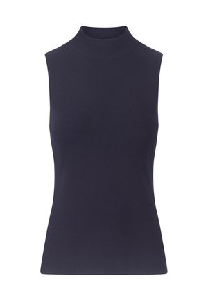 Navy ärmelloses Rollkragenoberteil aus glattem Stoff, mit einer taillierten Passform und einem hohen Kragen für eine schlanke Silhouette.