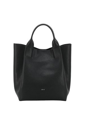 Black leather tote bag with two sturdy handles, open top, and a textured finish. Features subtle branding at the front.