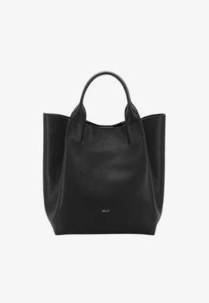 Sac fourre-tout en cuir noir avec deux poignées robustes, ouverture supérieure et finition texturée. Présente un logo discret à l'avant.