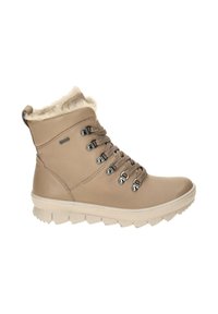 Beige Leder-Ankle-Boots mit Kunstfellfutter, runder Spitze, metallischen Ösen und Schnürsenkeln; dicke Gummisohle mit Profil.