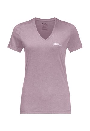 Kurze V-Ausschnitt T-Shirts in helllila, aus einem weichen Baumwollmix gefertigt. Mit kleinem weißen Logo auf der linken Brust und einem lässigen Schnitt.