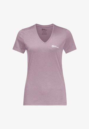 Kurze V-Ausschnitt T-Shirts in helllila, aus einem weichen Baumwollmix gefertigt. Mit kleinem weißen Logo auf der linken Brust und einem lässigen Schnitt.