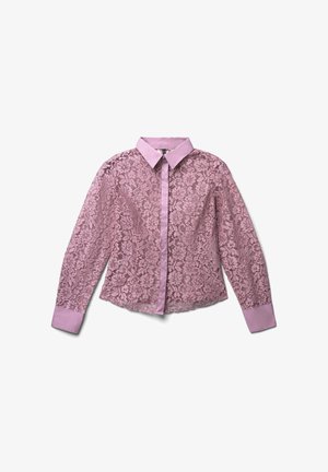 Rosa Spitze Bluse mit langen Ärmeln, einem Kragen und Knopfverschluss. Verfügt über ein Blumenmuster aus Spitze mit einfarbigen rosa Manschetten und Kragenakzenten.