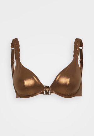 Rjav, sijoč modrček z oblazinjenimi skodelicami in pletenimi naramnicami. Ima zlate dodatke na sredini in gladko teksturo.