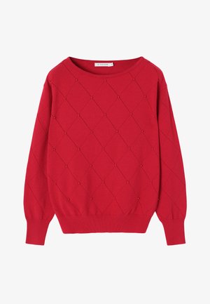 Red sweater with a diamond pattern and textured accents. Features a wide neckline and ribbed cuffs and hem, crafted from soft fabric.