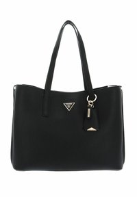Borsa nera in pelle testurizzata con due manici a spalla. Presenta un logo triangolare, dettagli metallici e un'etichetta removibile.
