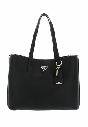 Borsa nera in pelle testurizzata con due manici a spalla. Presenta un logo triangolare, dettagli metallici e un'etichetta removibile.