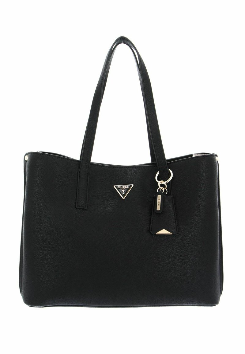 Borsa nera in pelle testurizzata con due manici a spalla. Presenta un logo triangolare, dettagli metallici e un'etichetta removibile.