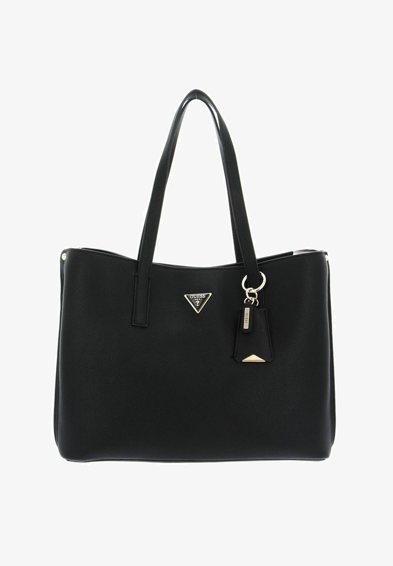 Borsa nera in pelle testurizzata con due manici a spalla. Presenta un logo triangolare, dettagli metallici e un'etichetta removibile.