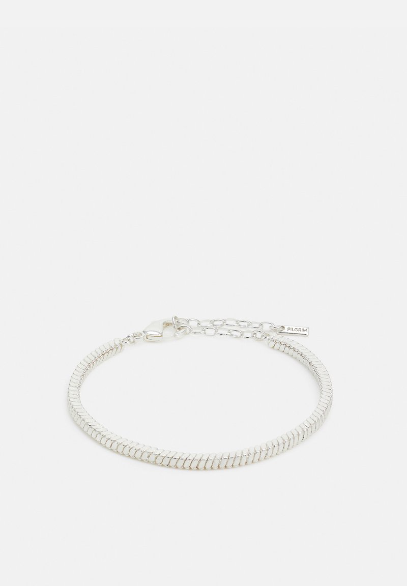 Silver bracelet featuring a flexible, segmented design with a lobster clasp and an extended chain for adjustable length. Includes branding tag.