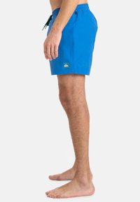 Blå svømmeshorts laget av lett materiale, med elastisk midje med snor, sidelommer og en logopatch på venstre ben.