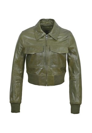 Olive green leather bomber jacket with a zip front, spread collar, and two chest pockets. Cuffs and hem feature ribbed fabric detail.