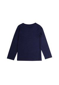 T-shirt a maniche lunghe blu navy, scollo rotondo, in morbido cotone, design semplice senza motivi o dettagli. Vista posteriore mostrata.