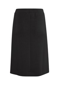 Mustat hameet suoran leikkauksen omaavista, sileästä kankaasta, yksinkertaisella vyötärönauha, ilman näkyviä kuvioita tai koristeluja.