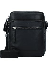 Borsa a tracolla in pelle nera con tasca frontale con zip, tracolla regolabile, texture liscia e discreta branding nella parte superiore.