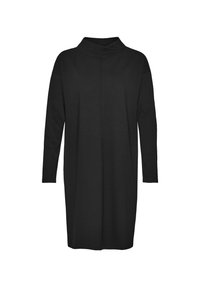 Schwarzes, langärmeliges Kleid mit hohem Kragen. Aus einem weichen, glatten Stoff gefertigt. Bietet eine lockere Passform und einen geraden Schnitt mit minimalen Nähten.