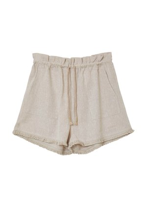 Beige gewebte Shorts mit fransigem Saum, elastischem Bund, zwei Vordertaschen und einem Kordelzug mit goldenen Akzenten.