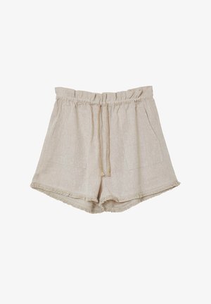 Beige gewebte Shorts mit fransigem Saum, elastischem Bund, zwei Vordertaschen und einem Kordelzug mit goldenen Akzenten.