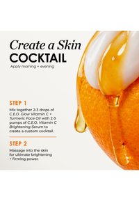 Instructions pour créer un cocktail pour la peau en utilisant de l’huile de vitamine C et du sérum avec une image d’une orange dégoulinant de liquide et de crème.