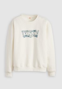 Sudadera color crema con cuello redondo, que presenta un gráfico del logotipo de Levi's en azul con flores en el centro. Textura suave y corte relajado.