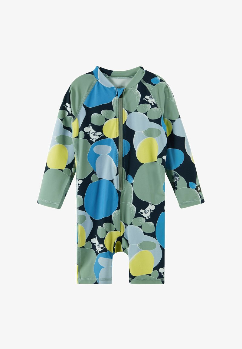 Kinderbadpak met een marineblauwe basis bedekt met meerkleurige abstracte cirkels. Lange mouwen, ritssluiting aan de voorkant en rekbare stof.