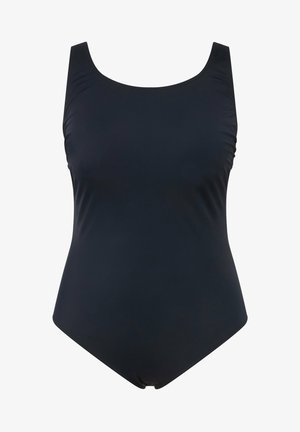 Costume da bagno intero blu navy con scollatura rotonda, cuciture laterali arricciate e un tessuto liscio ed elastico. Design semplice e lineare.