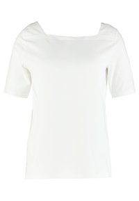 Top blanco de manga corta con escote cuadrado. Confeccionado en una tela suave, presenta un corte relajado y costuras mínimas. Diseño simple sin patrones.