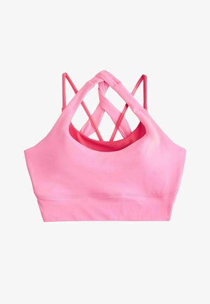 Pink sports bra with twisted, crisscross back straps and a scoop neckline, designed for athletic wear.