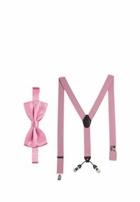 Lyserød satin-slips og matchende seler. Selene har clips og en central justering, samt en glat, shiny overflade.
