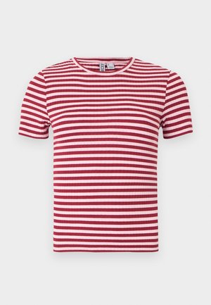 Kortærmet ribstrikket T-shirt med vandrette lyserøde og mørkerøde striber og rund halsudskæring.