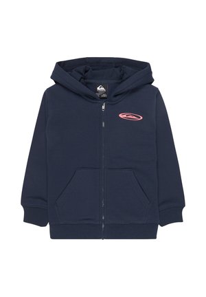 Granatowa bluza z kapturem zapinana na zamek, z przednimi kieszeniami, kapturem oraz różowym logo Quiksilver na lewej piersi.
