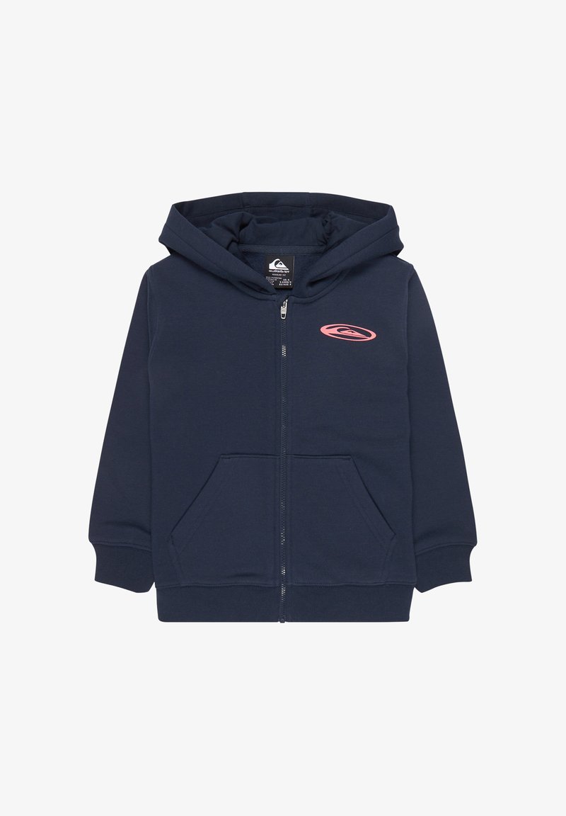 Granatowa bluza z kapturem zapinana na zamek, z przednimi kieszeniami, kapturem oraz różowym logo Quiksilver na lewej piersi.