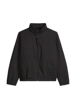 Black zip-up jacket with high collar, snap buttons, two slanted front pockets, and elastic cuffs and hem.