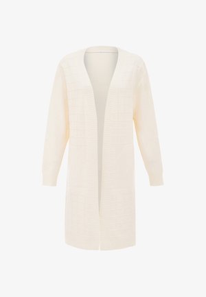 Cremfarbener langer Cardigan mit strukturiertem Rippmuster, offener Front, gerippten Bündchen und Saum. Hergestellt aus weichem, leichtem Stoff.