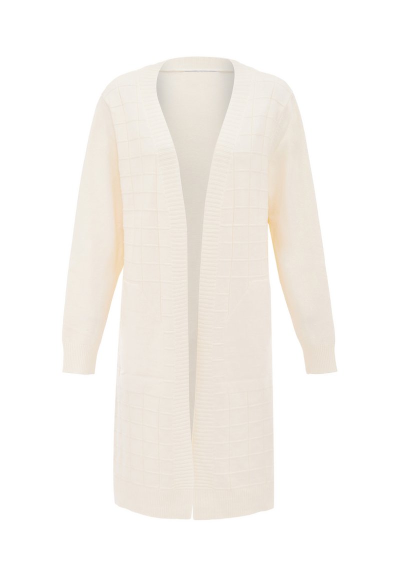 Kermakan värinen pitkä kardigan, jossa on teksturoitu ruudukkomalli, avoin etuosa, ribattu hihansuu ja helma. Valmistettu pehmeästä ja kevyestä kankaasta.