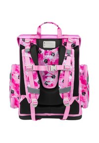 Zaino rosa con un motivo a stampa floreale di zampe, dotato di spallacci regolabili, imbottitura in rete e maniglia superiore per il trasporto.