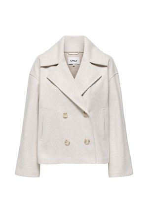 Kurzer, cremefarbener, doppelt geknöpfter Wollmantel mit breiten Revers und seitlichen Leistentaschen.