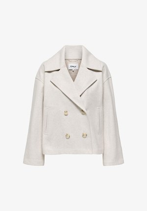 Lühike koorevärvi kahekordse nööpimisega villane mantel laiade kraede ja küljetaskutega.