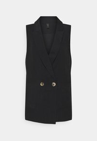 Czarna bezrękawnik z wyciętym kołnierzykiem, podwójnym zapięciem na guziki i dwoma przednimi kieszeniami. Wykonany z gładkiego materiału o dopasowanym kroju.