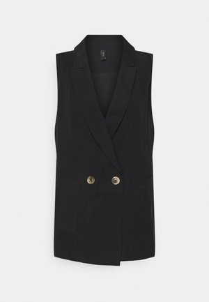 Černá bezrukávová vesta s klopovým límcem, dvojitým zapínáním na knoflíky a dvěma předními kapsami. Vyrobena z hladkého materiálu s dobře propracovaným střihem.