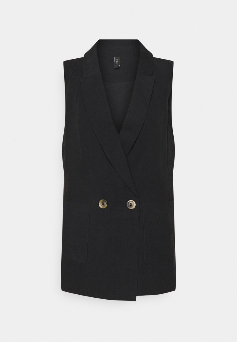 Czarna bezrękawnik z wyciętym kołnierzykiem, podwójnym zapięciem na guziki i dwoma przednimi kieszeniami. Wykonany z gładkiego materiału o dopasowanym kroju.