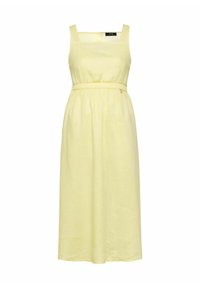 Żółta lniana sukienka z kwadratowym dekoltem, regulowanym paskiem w talii i zwiewnym dołem. Charakteryzuje się miękką teksturą i prostym, klasycznym designem.