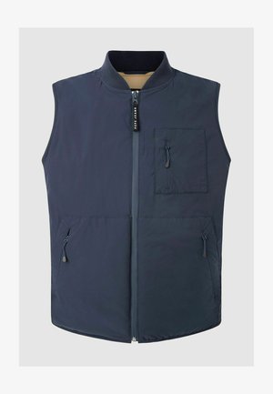 Granatowa bezrękawnik z wysokim kołnierzem, zamek błyskawiczny z przodu, dwie boczne kieszenie oraz kieszonka na piersi. Gładka faktura z delikatnym połyskiem.