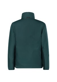 Veste rembourrée légère en tulle de couleur sarcelle, avec un col montant et des manches longues. Texture lisse et design minimaliste, sans matériel visible ni poches.