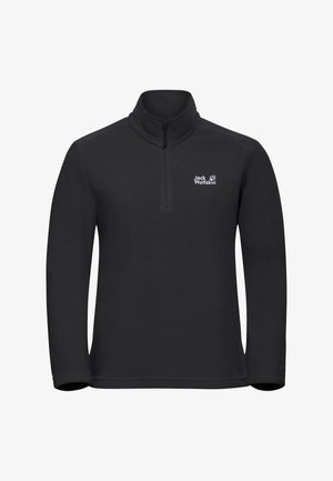 Zwart fleece pullover met een hoge kraag en een halve rits aan de voorkant. Heeft een klein wit logo op de linkerborst. Zachte textuur en lange mouwen.