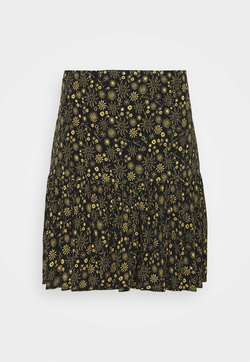 Jupe patineuse noire avec petits motifs floraux jaunes et soleils sur l'ensemble et détails discrets de script.