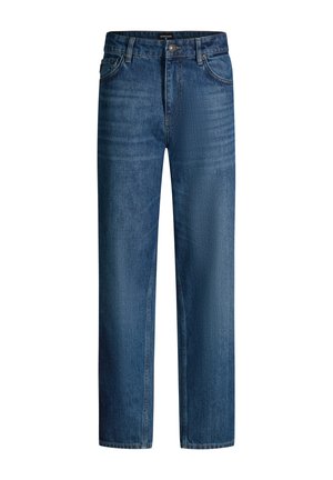Jean denim bleu classique à jambe droite avec bouton frontal, fermeture éclair, passants pour ceinture et détails légèrement délavés au niveau des cuisses et des genoux.