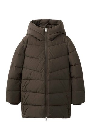 Bruine gewatteerde jas met capuchon, voorzien van een ritssluiting aan de voorkant, een diagonaal doorgestikt patroon en brede mouwen voor warmte en comfort.