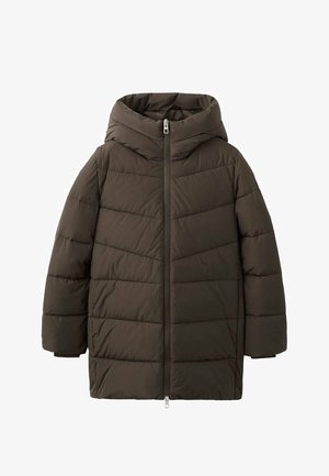 Bruine gewatteerde jas met capuchon, voorzien van een ritssluiting aan de voorkant, een diagonaal doorgestikt patroon en brede mouwen voor warmte en comfort.